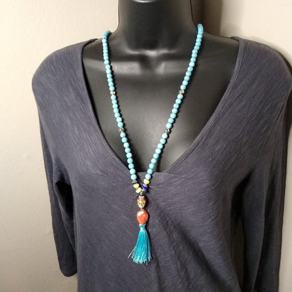 Long Blue Plastic Bead Decorative Tassel Necklace Adjustable 34 To 37 Inches - Picture 1 of 12